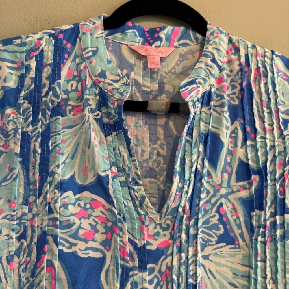 Lilly Pulitzer Tunic Top Colorful Floral Beach Coastal 3/4 Sleeve V Neck S - Picture 4 of 6